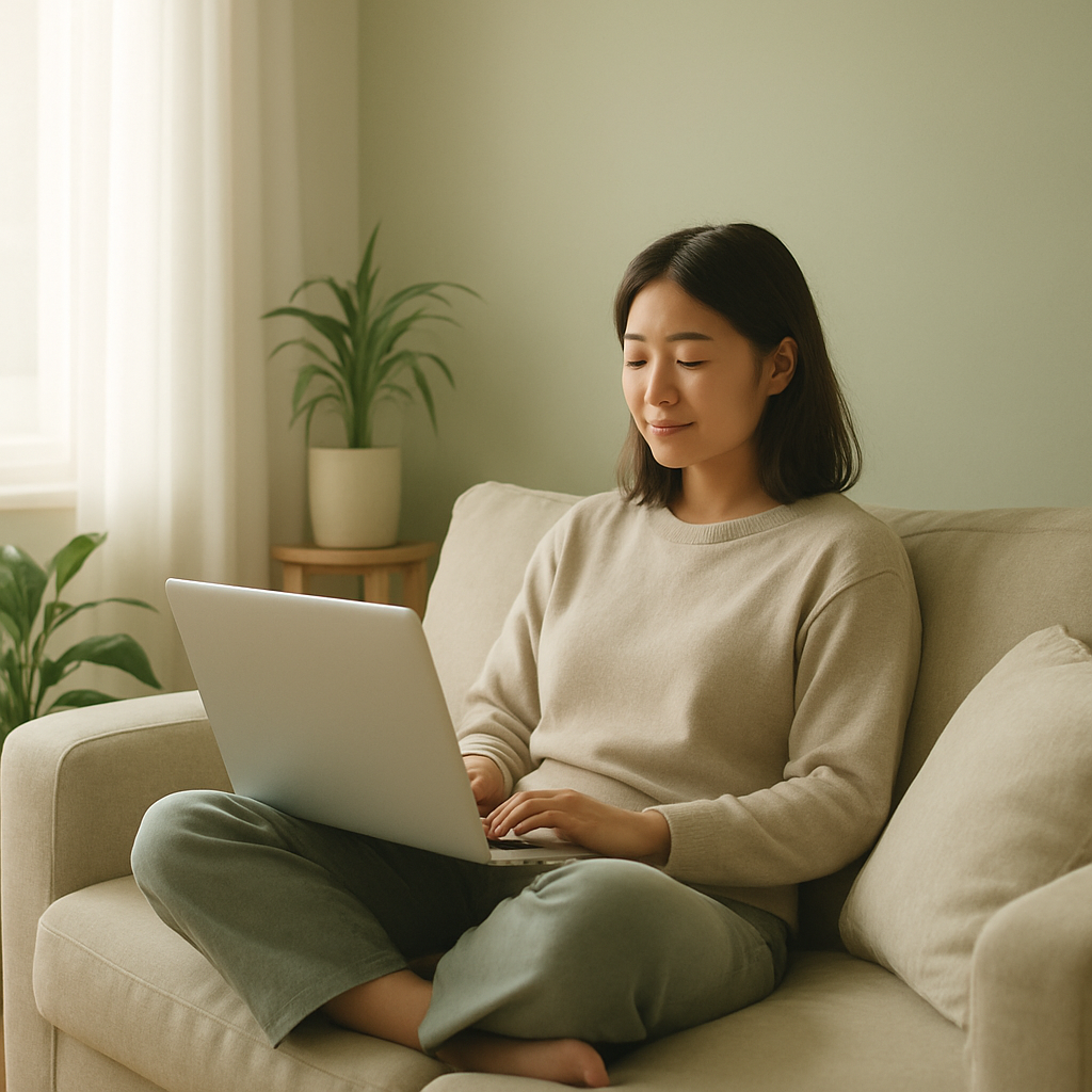 A person relaxing at home during an online psychiatry consultation